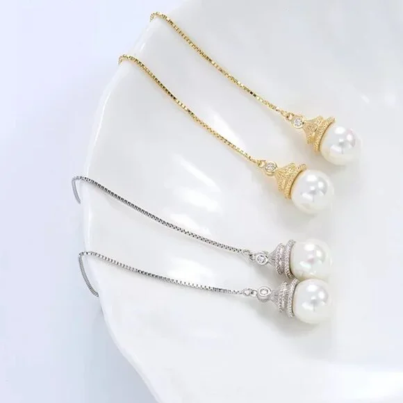 Cultured 7.75mm Pearl Earrings dangling from a 3.5 inch chain 18KY Plated - Picture 3 of 7